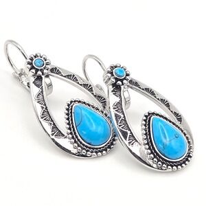 Bradford Exchange Silver Tone Turquoise Teardrop Leverback Earrings Southwestern